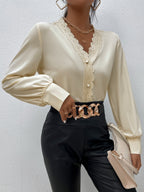 Women's Fall Women Clothing Simple Elegant Eyelash Lace Stitching V Neck Shirt Women