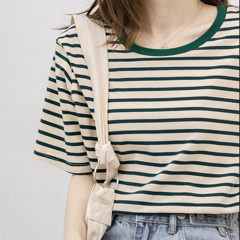 Women's Short Sleeved T Shirt Summer Thin Loose Cotton Green Striped T Shirt Women Top Clothes