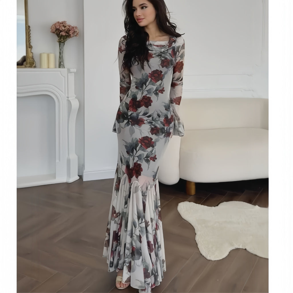 Women's Cowl-Neck Floral Ruffle Long-Sleeve Maxi Dress