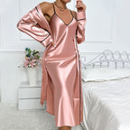 Ice Silk Robe Women Sexy Outerwear Homewear Artificial Silk Cardigan Lace up Suspender Outerwear Gown Set