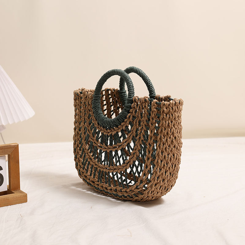 Women's Hollowed Out Semicircle Bag Round Handle Contrast Color Bag