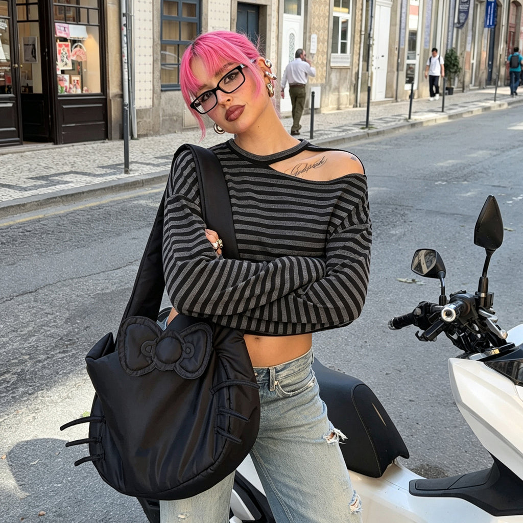 Striped Street off the Shoulder Casual Long Sleeve T shirt