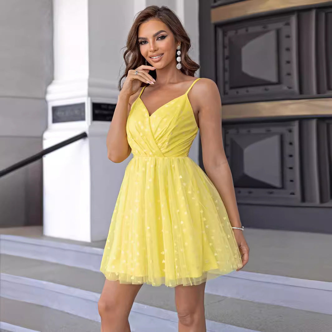 Cross V neck Sexy Mesh Dinner Dress