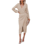 Women's Autumn Winter Women Clothing Maxi Dress Elegant Graceful V-Neck Knitted Dress