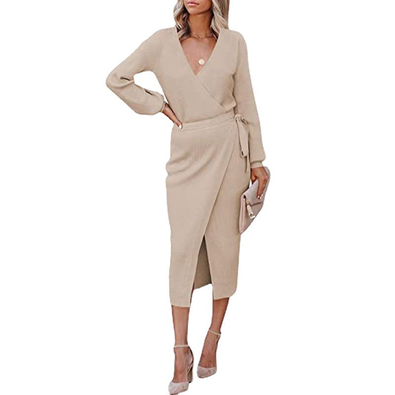 Women's Autumn Winter Women Clothing Maxi Dress Elegant Graceful V-Neck Knitted Dress