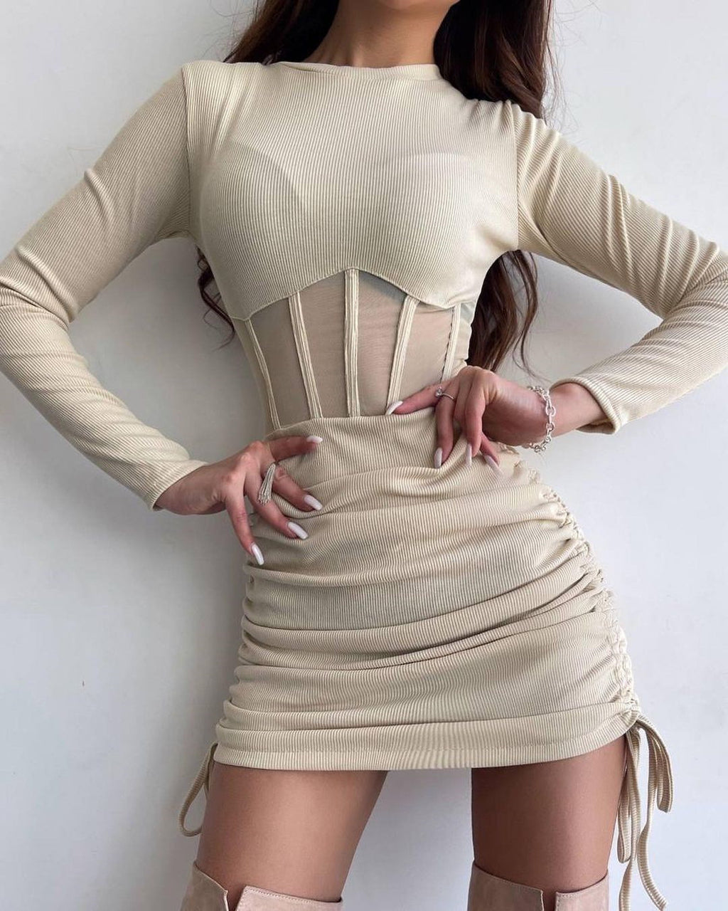 Mesh Hollow Out Cutout Waist Round Neck Long Sleeve Dress