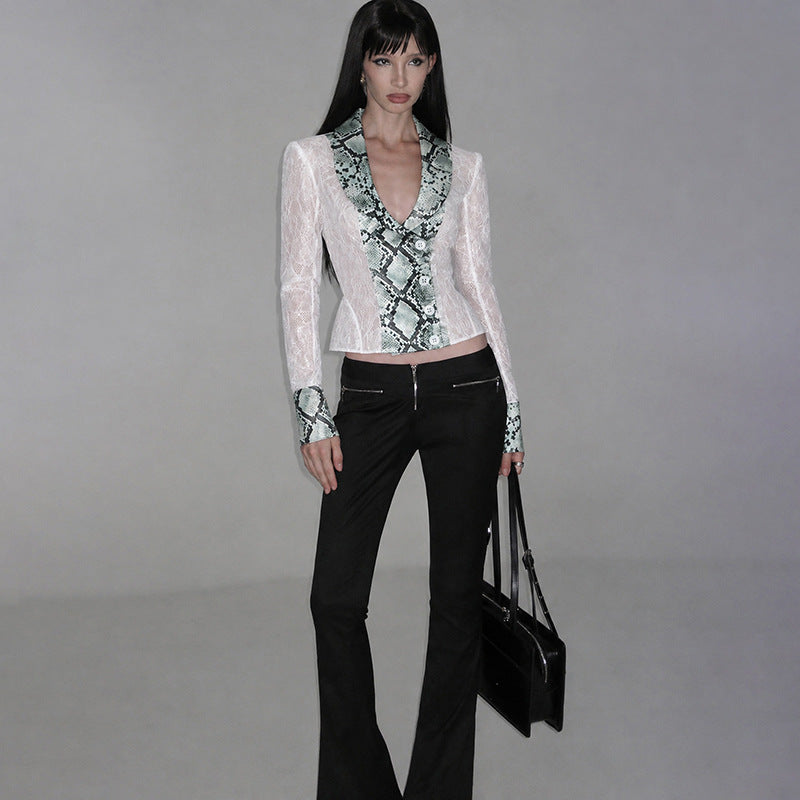 Fall Clothing French Low Collar Hollow Out Cutout Snake Pattern