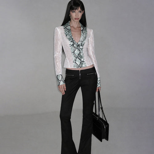 Fall Women Clothing French Sexy Low Collar Hollow Out Cutout Snake Pattern Design Long Sleeve Slim Fit Top