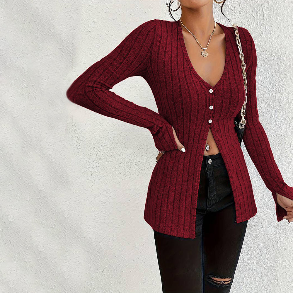 Women's French V Neck T Shirt Long Sleeves Cropped Design Bottoming