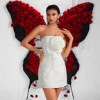 Women's Strapless Three Dimensional Floral Jacquard White Dress Tight Waist