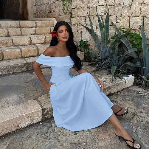Light blue bandeau maxi dress with off-shoulder neckline and flowing A-line skirt