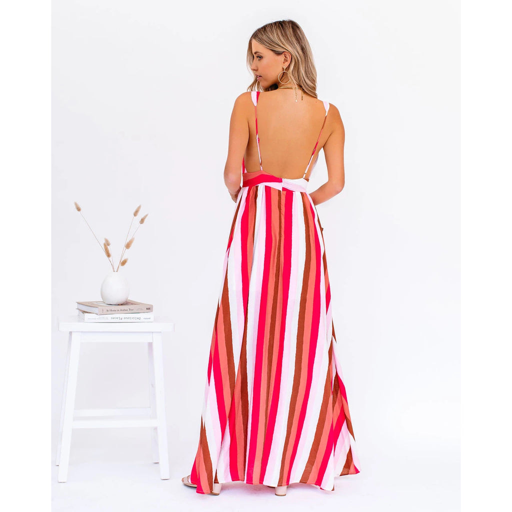 Women's Strap Deep V Plunge Striped Dress Home Loose Lace Up Large Swing Dre