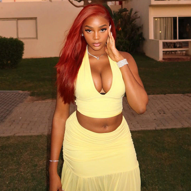 's Solid Color V Neck Sleeveless Skirt Set Halter Package Hip Cropped