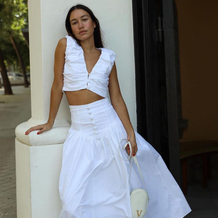 Pleated Vest & High-Waist Skirt Set