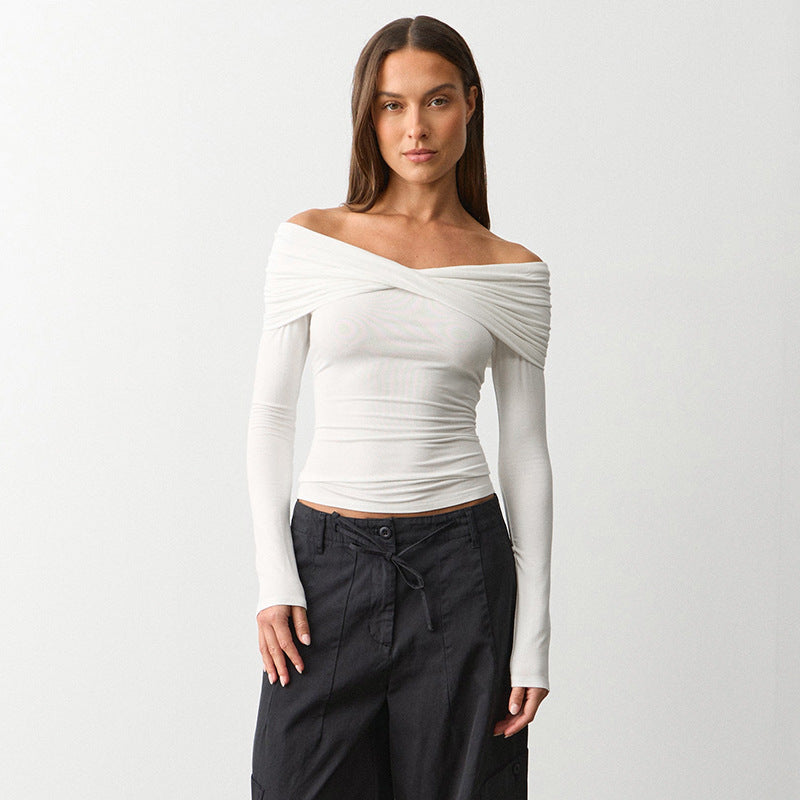 Women's Pleated Off-Shoulder Long Sleeve Top