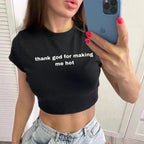 Women's Street Trendy English Letter Graphic Printing Short Slim Fit Short Sleeve T Shirt Top Women
