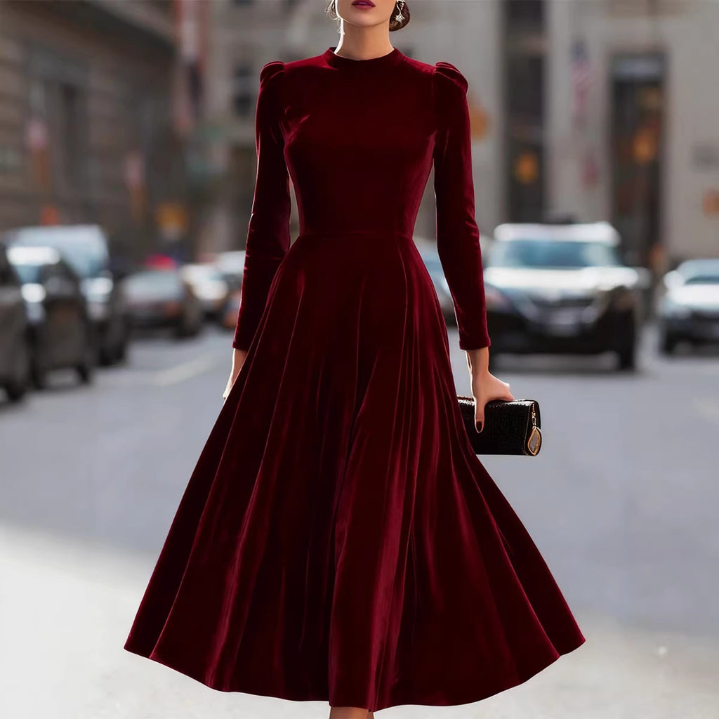 Round-Neck Korean Velvet Elegant Long-Sleeve Dress