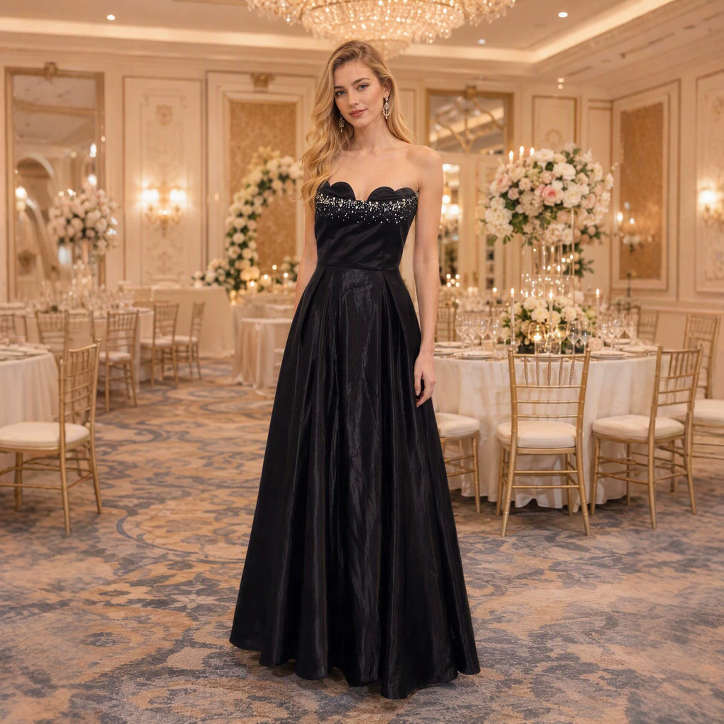 Women's Black Satin Evening Dress Entry Lux Elegant Slim Fit Rhinestone Dress