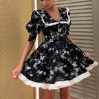 Floral Peter Pan Collar Puff-Sleeve Dress