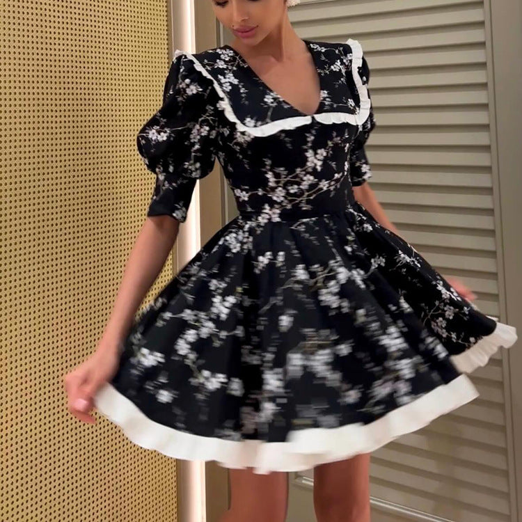 Floral Peter Pan Collar Puff-Sleeve Dress