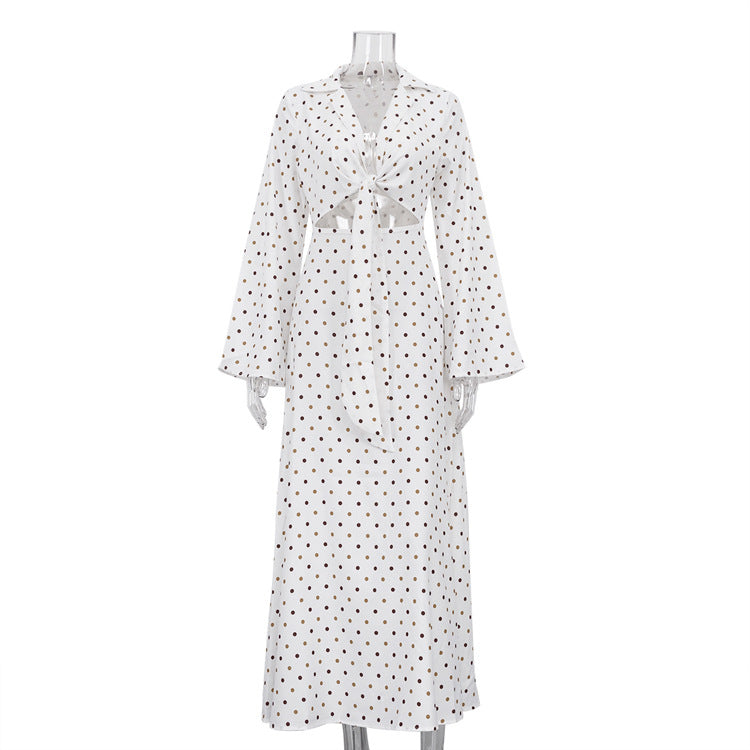 Women's polka dot long-sleeve dress with V-neck tie-front and midi length