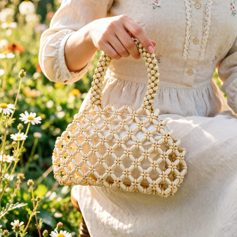 Beige Wooden-Bead Woven Handbag