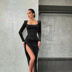 Winter Square Neck Fold High-Waist Tuxedo Dress