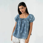 Spring Summer Printed Lace up Washed Puff Sleeves Women