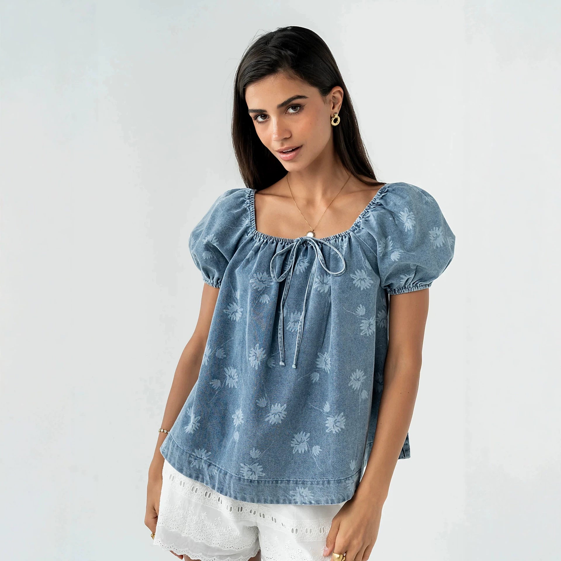 Spring Summer Printed Lace up Washed Puff Sleeves Women