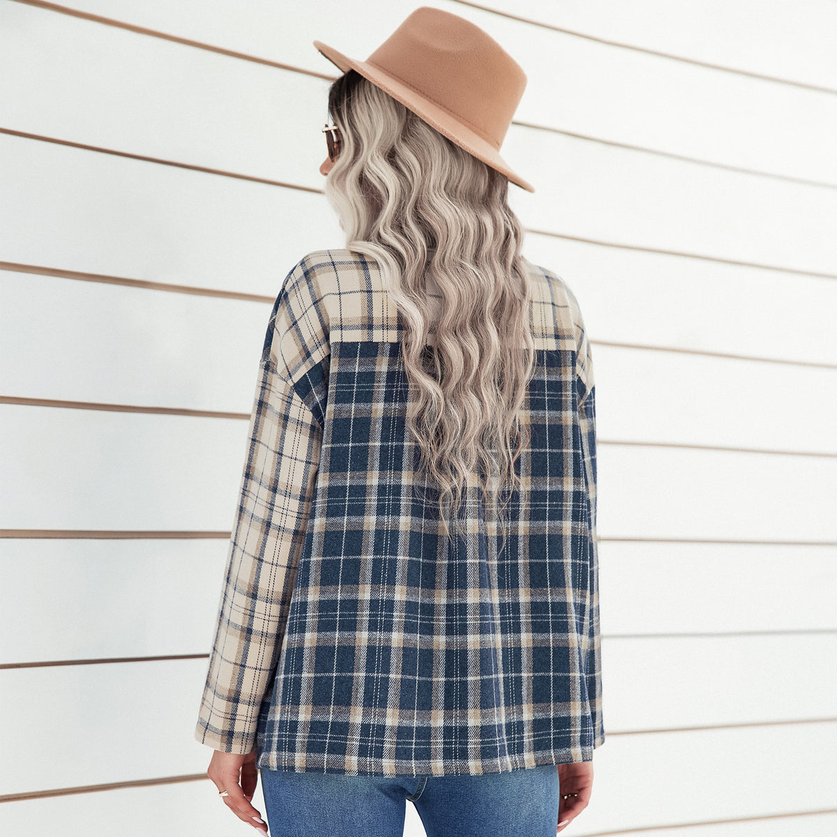 Women's Early Autumn Polo Collar Plaid Top Women Clothing Long Sleeve Cardigan Loose Shirt