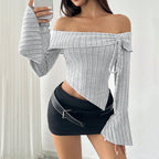 Women's Adult Lady like Woman Elegant Boat Neck T shirt Bell Sleeve