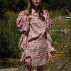 Women's Autumn Floral Print Skirt Set Women Collared Lantern Sleeve Shirt Short Skirt Casual Two Piece Sets