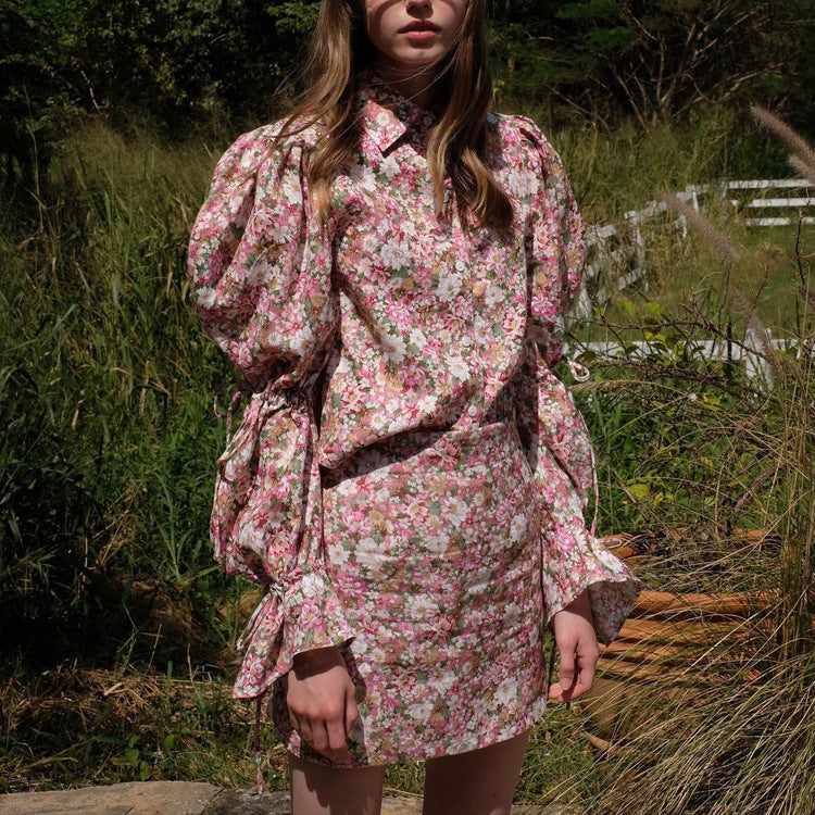Women's Autumn Floral Print Skirt Set Women Collared Lantern Sleeve Shirt Short Skirt Casual Two Piece Sets