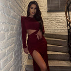 Red Cutout Slit Long Sleeve Maxi Dress