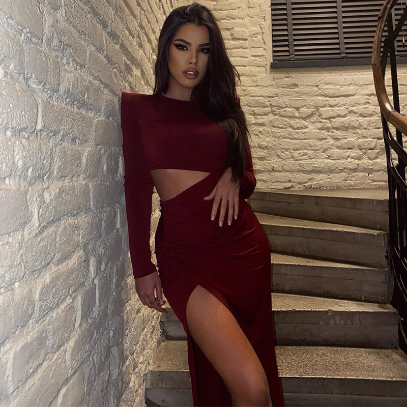 Red Cutout Slit Long Sleeve Maxi Dress