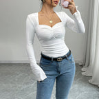 Women's Ruched V-Neck Long Sleeve Top