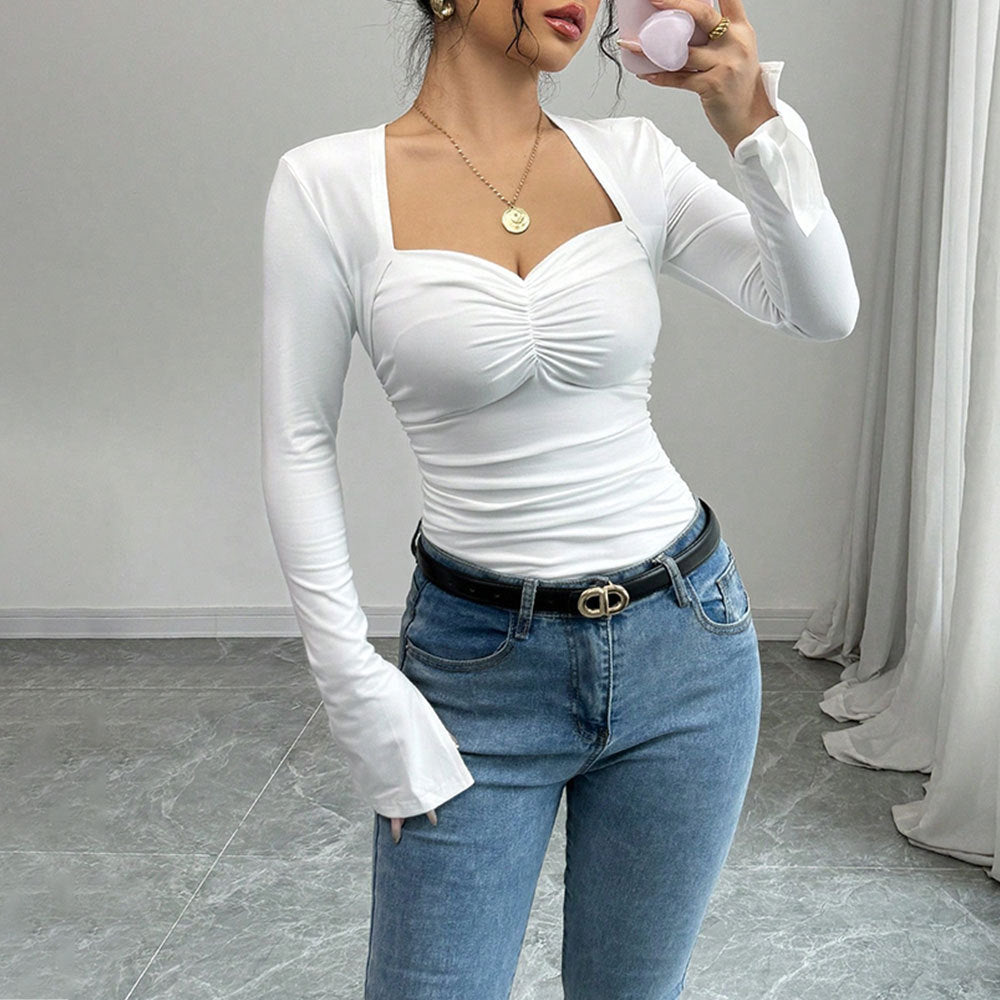 Women's Ruched V-Neck Long Sleeve Top