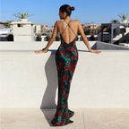 Women's Dress Strap Backless Deep V Plunge Printed Slim Dress