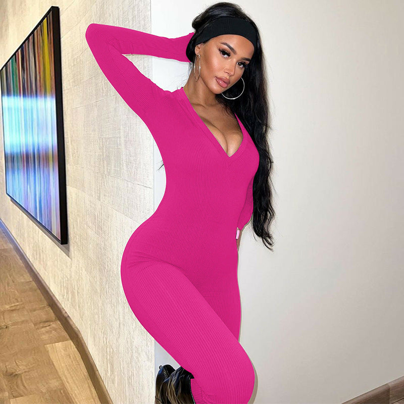 Women's 's V-Neck Slim Long-Sleeve Sports Jumpsuit