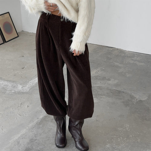 Autumn Winter Women Trendy Grace Solid Color Corduroy High Waist Straight Work Pant