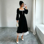 French Hepburn Wind Black Velvet Dress for Women Autumn Winter High Sense Cocktail Long Sleeve Black Dress