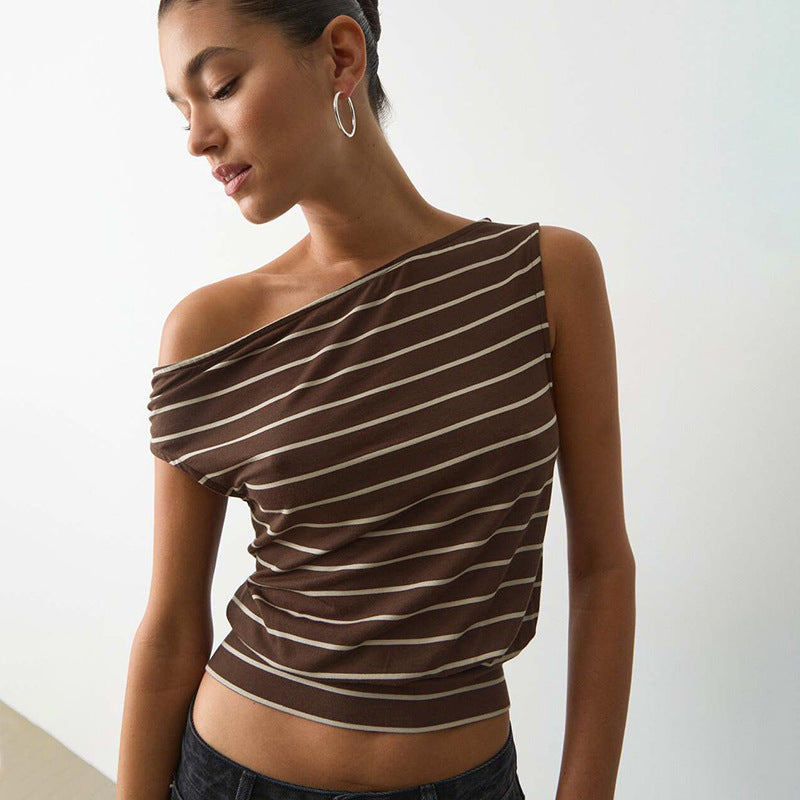 Women's Striped Loose Cold Shoulder Sleeveless Short T-Shirt