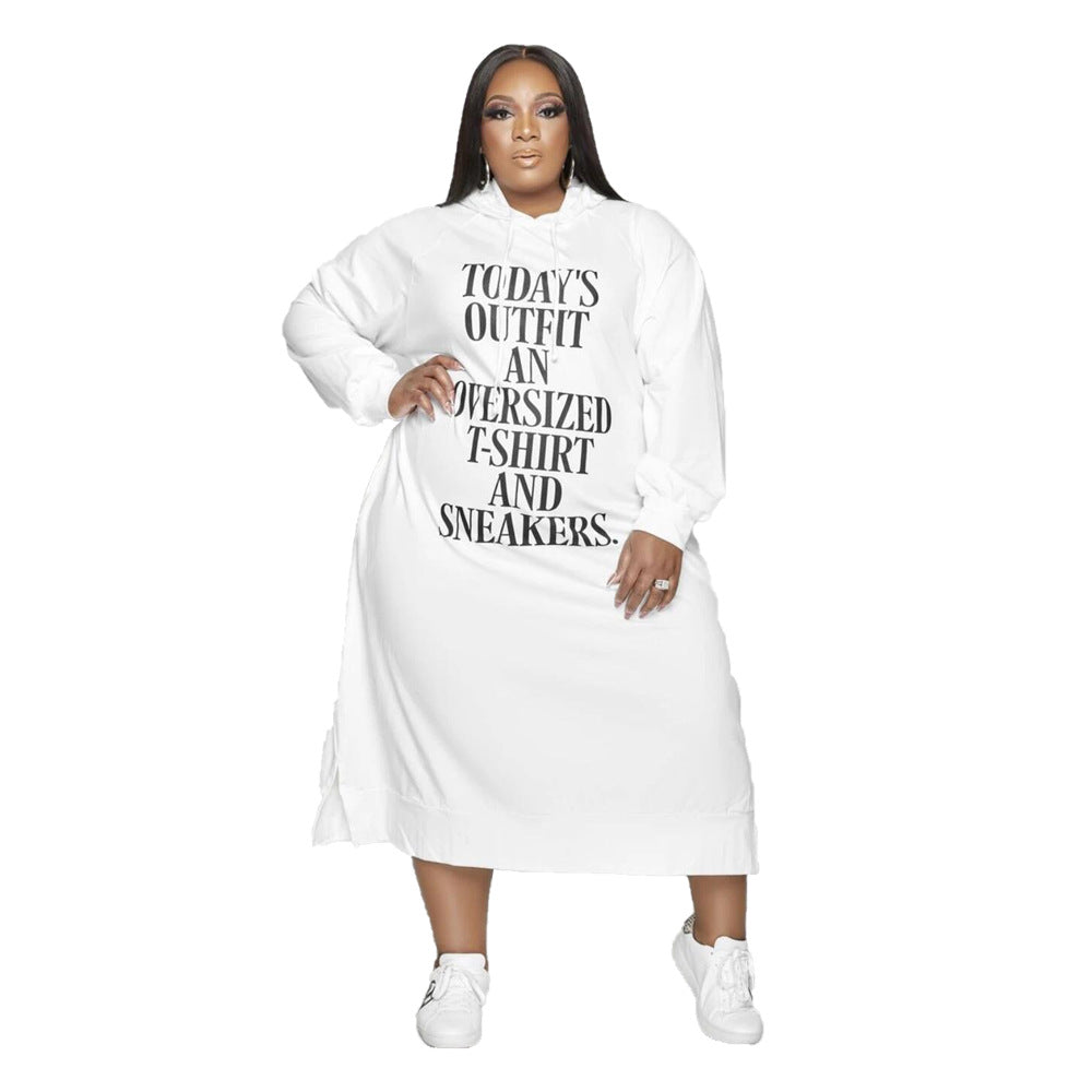 Plus Size Loose Midi Letter Graphic Print Hooded Sweater Dress