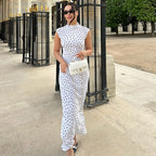 Polka-Dot High-Collar Sleeveless Split Bodycon Maxi Dress