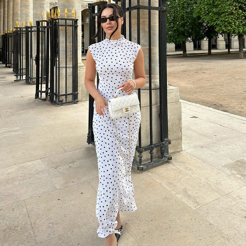 Polka-Dot High-Collar Sleeveless Split Bodycon Maxi Dress