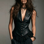 Women's Faux Leather Gothic V-Neck Ruffle Vest Top