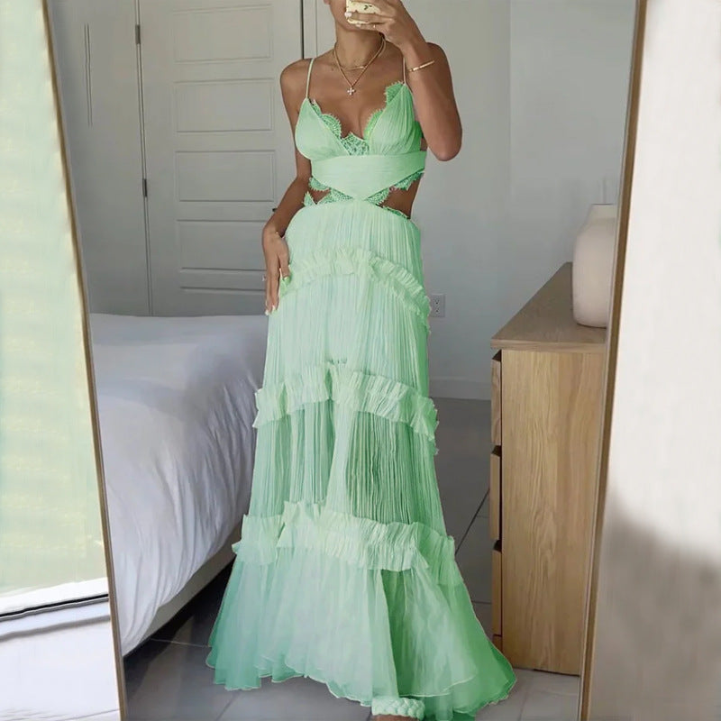 Home Strap Lace See Through Ripped Organza Dress