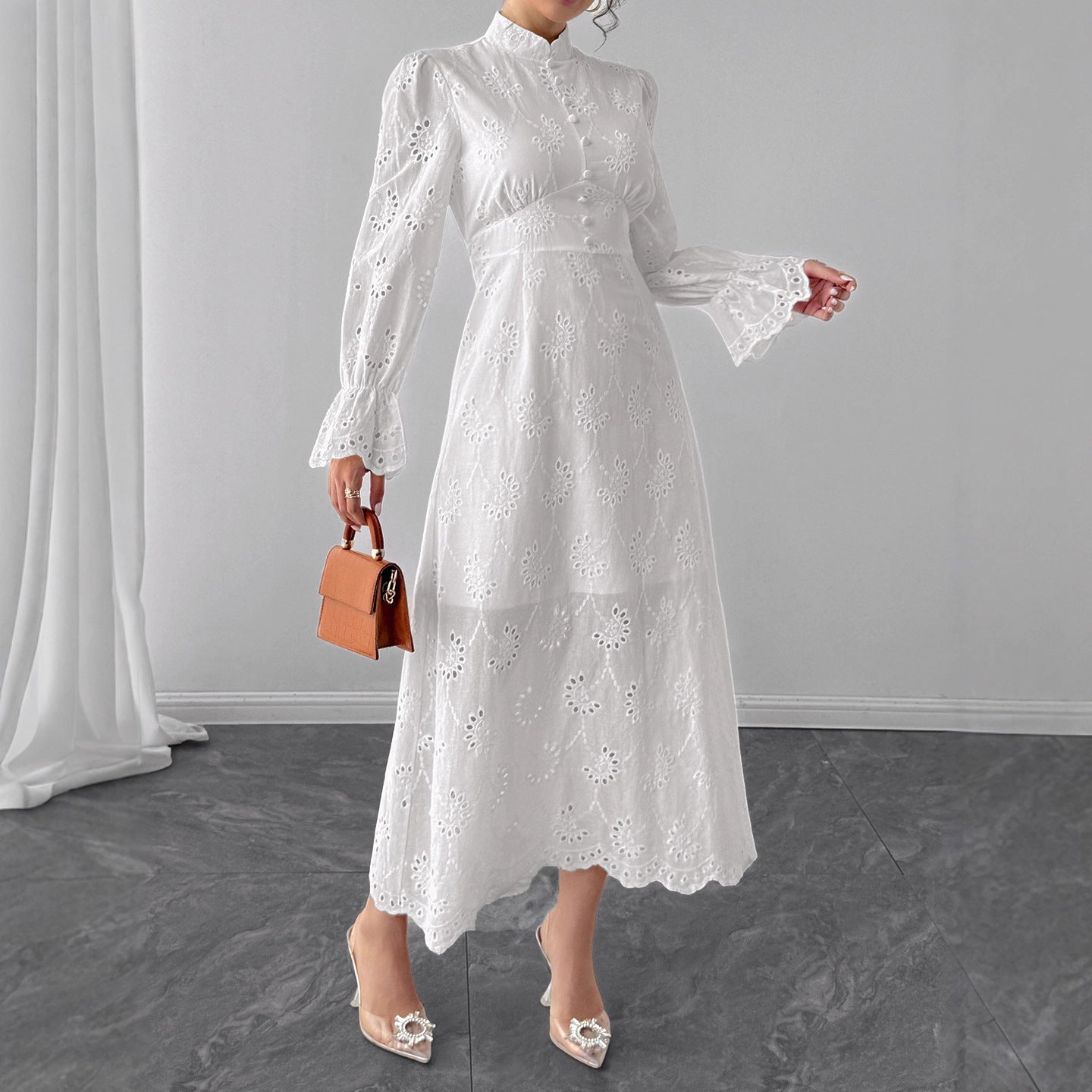 Cutout Button Long-Sleeve Vacation Dress
