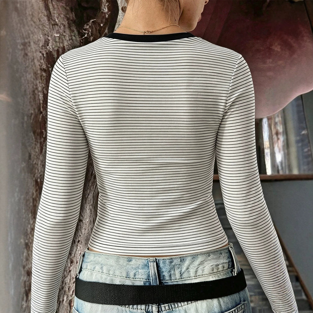 Women's V-Neck Striped Long-Sleeve T-Shirt