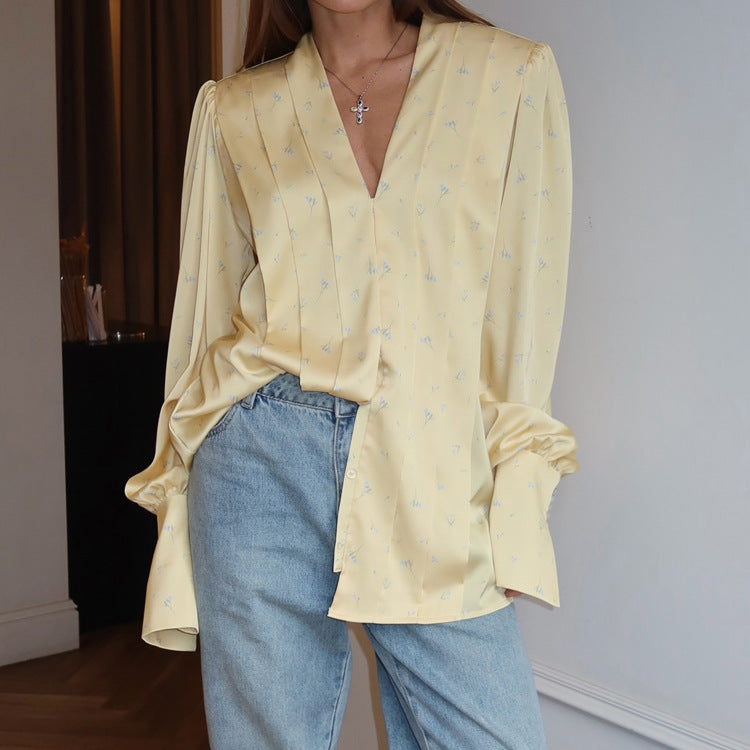 Women's High Grade Satin Printed Long Sleeved Shirt Women Autumn Office V Neck French Top